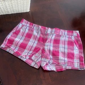 Magenta, blue and grey plaid shorts